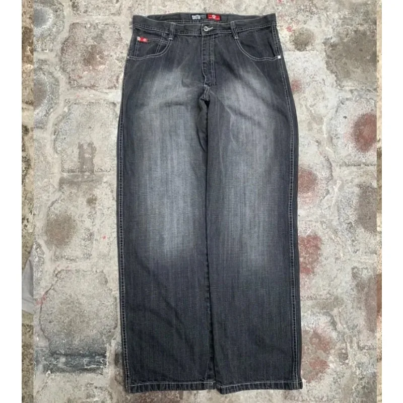 

Black and gray denim wide-leg pants jazz dance pants American high-waisted retro old niche design sense