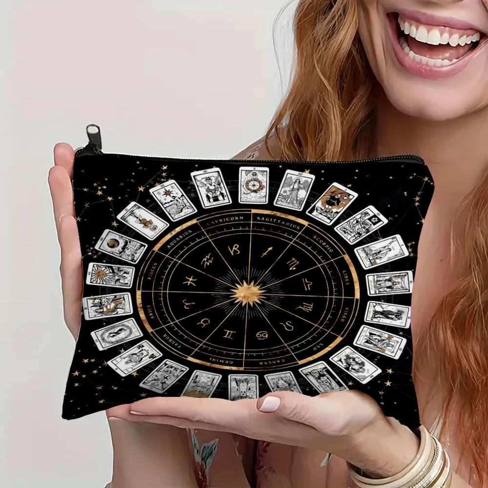 12 Zodiac Astrology Altar Pattern Cosmetic Bag Tarot Zipper Open Student Pencil Case Coin Purse Ladies Hand Portable Storage Bag