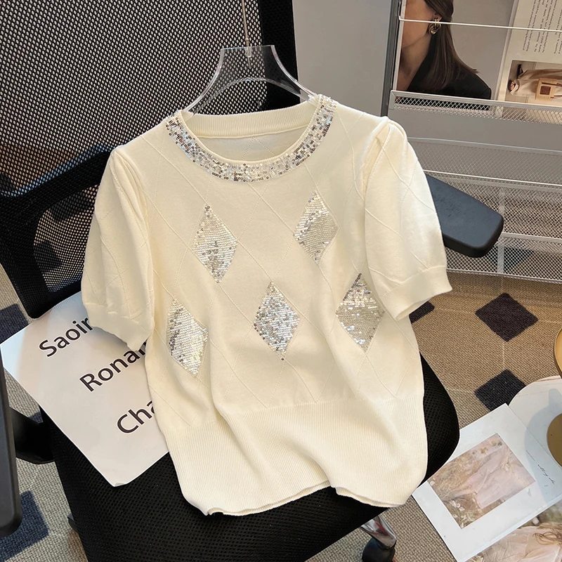 

ZJYT Summer Sequined Knitting Sweaters for Women Short Sleeve White Knitted Tops Knitwears Pullovers Jersey Mujer Korean Fashion