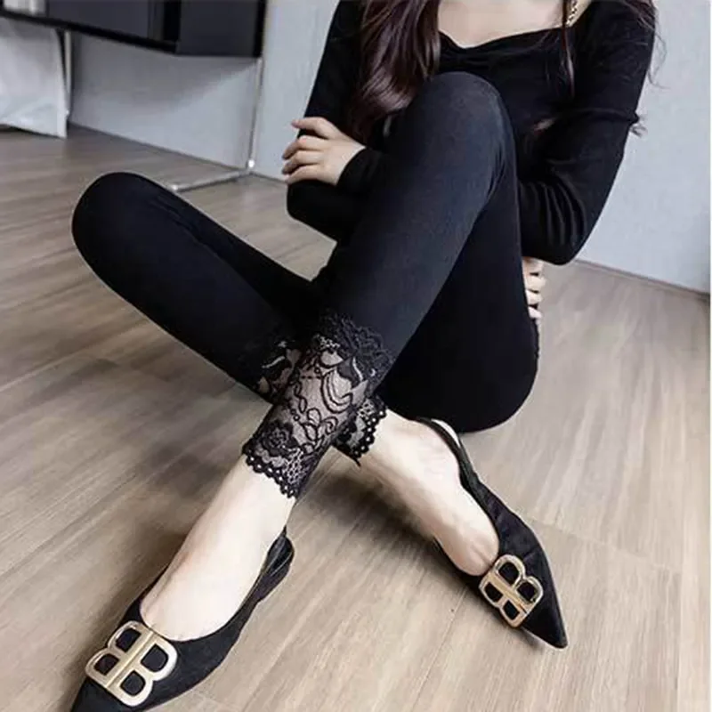 Vrouwen Nieuwe Sexy Enkellange Broek Legginsy Kant Uitgehold Hoge Taille Leggings Broek Slanke Dunne Model Naad Leggins Pantalones