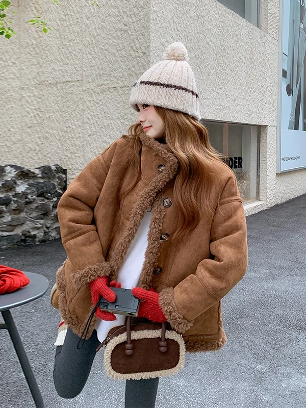 

Кардиган-пальто женское двустороннее утепленное из искусственного меха с подкладкой, осенне-зимнее, хлопковое, с воротником-стойкой, длинный рукав