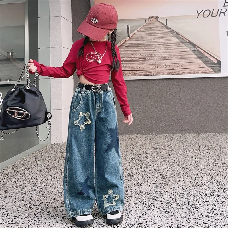 Girls Jeans Trousers Spring and Autumn Five-pointed Denim Wide-leg Pants 2024 New Fashion Straight Pants Korean Simple Style