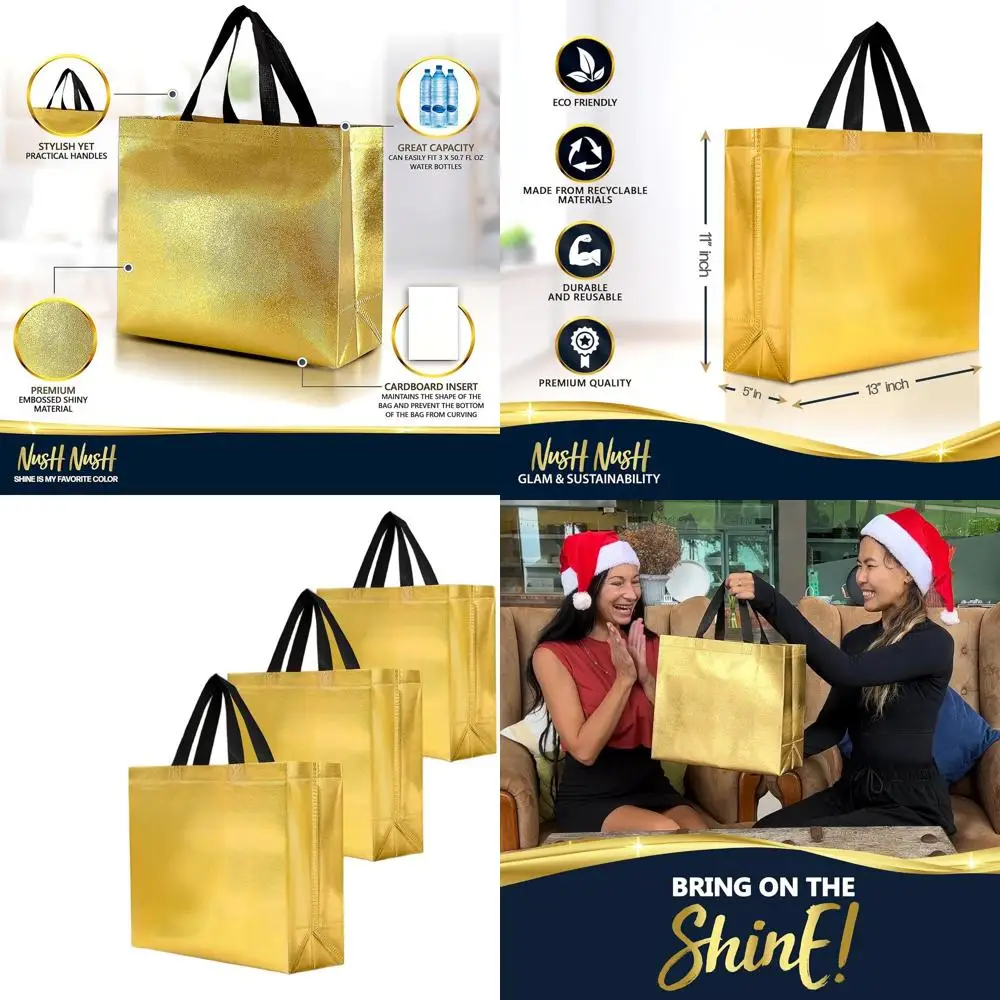 

Массовые 60-упаковочные многоразовые золотые подарочные пакеты с ручками — идеально подходят для Рождества, дней рождения, мероприятий и свадьбы — 13x5x11 дюймов