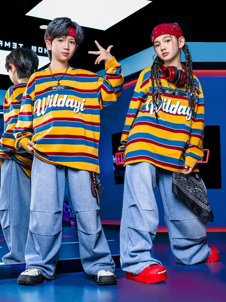 

Детская одежда в стиле хип-хоп, желтая полосатая футболка, джинсовые синие повседневные рваные джинсы, брюки для девочек и мальчиков, танцевальные костюмы, одежда