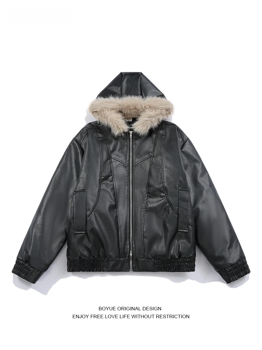 

Зимнее байкерское пальто Boyue Thiened Heavyweight с меховым воротником и капюшоном, мужская хлопковая одежда, повседневная модная теплая длинная све