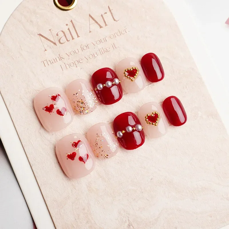 

10Pcs Red Press-On Nails with Heart and Pearl Design - Short Sweet and Elegant Full Cover Nail Tips for Women & Girls Daily Wear