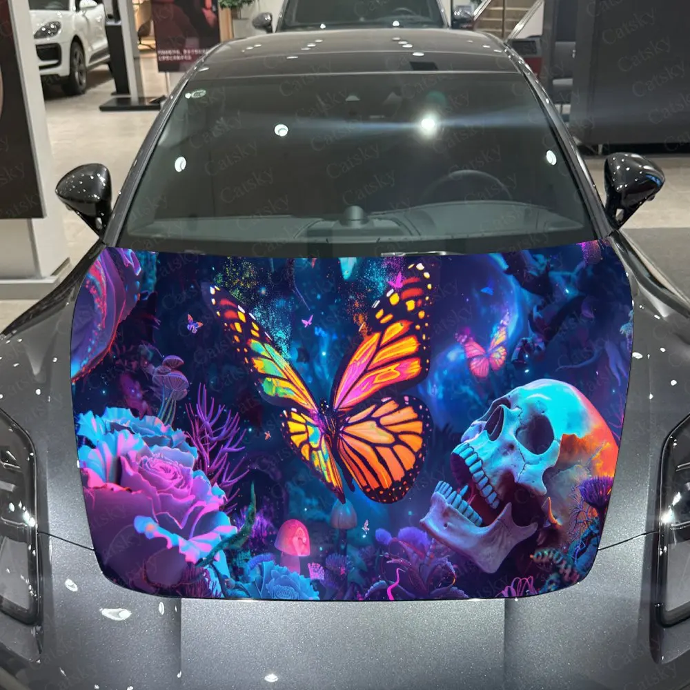 

Trippy Floral Skull Butterfly Car Hood Stickers - Self-Adhesive, Waterproof and Durable Vinyl Wrap, Decorate And Protect Your Ca
