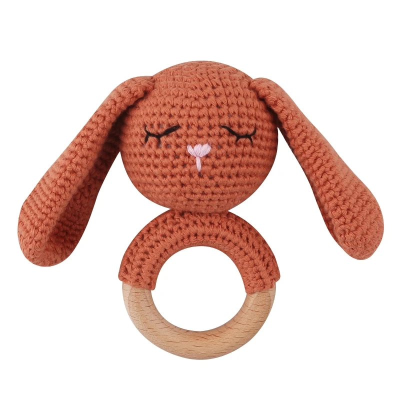 

97BE Baby Rattle Safe Wooden Toy Mobile Pram Crib Ring DIY Bunny Crochet Rattle Soother Bracelet Teether Handbell Baby Gifts