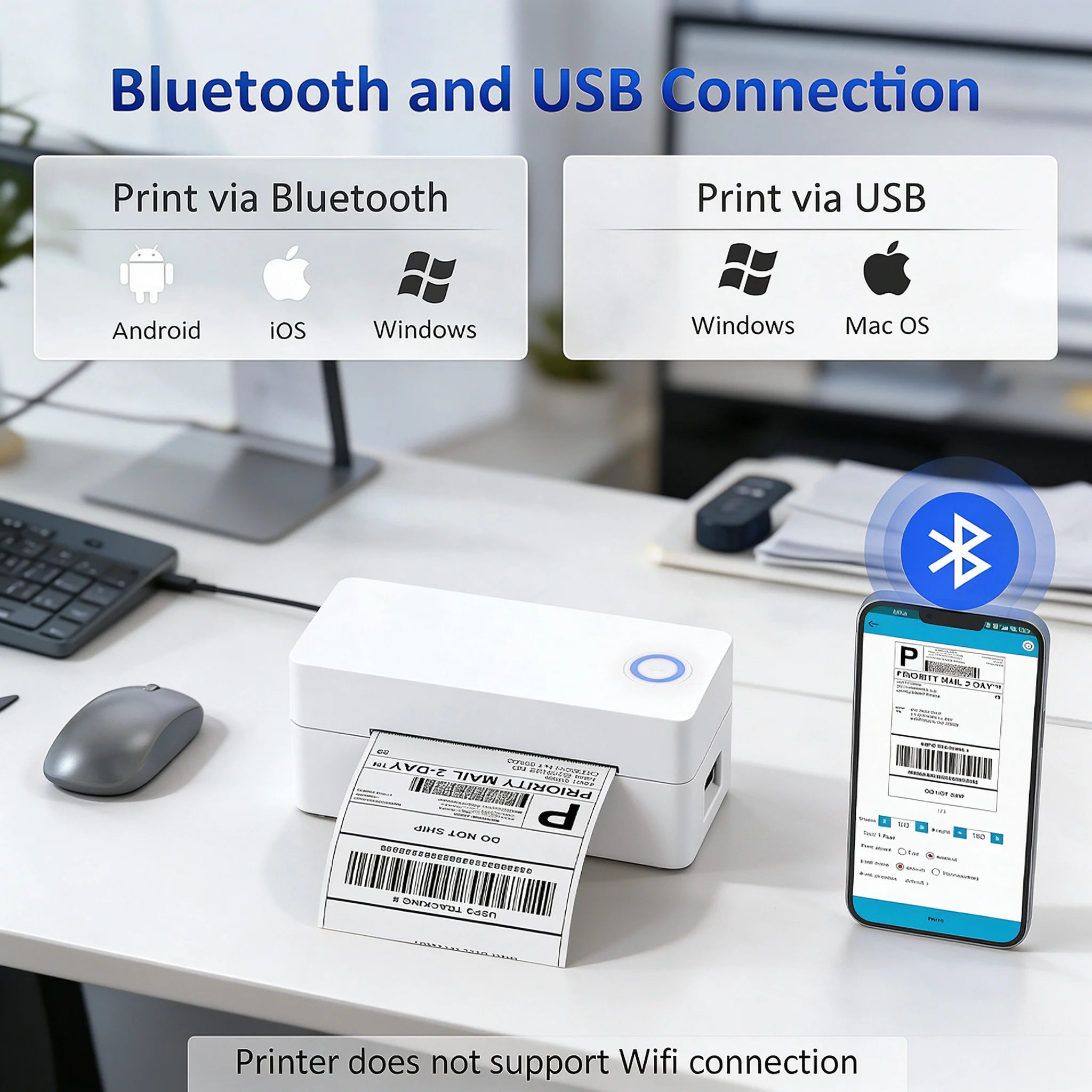 4x6 Thermal Shipping Label Printer 203DPI 160mm/s High Speed Barcode Printer USB Bluetooth WiFi for Small Business Package Label