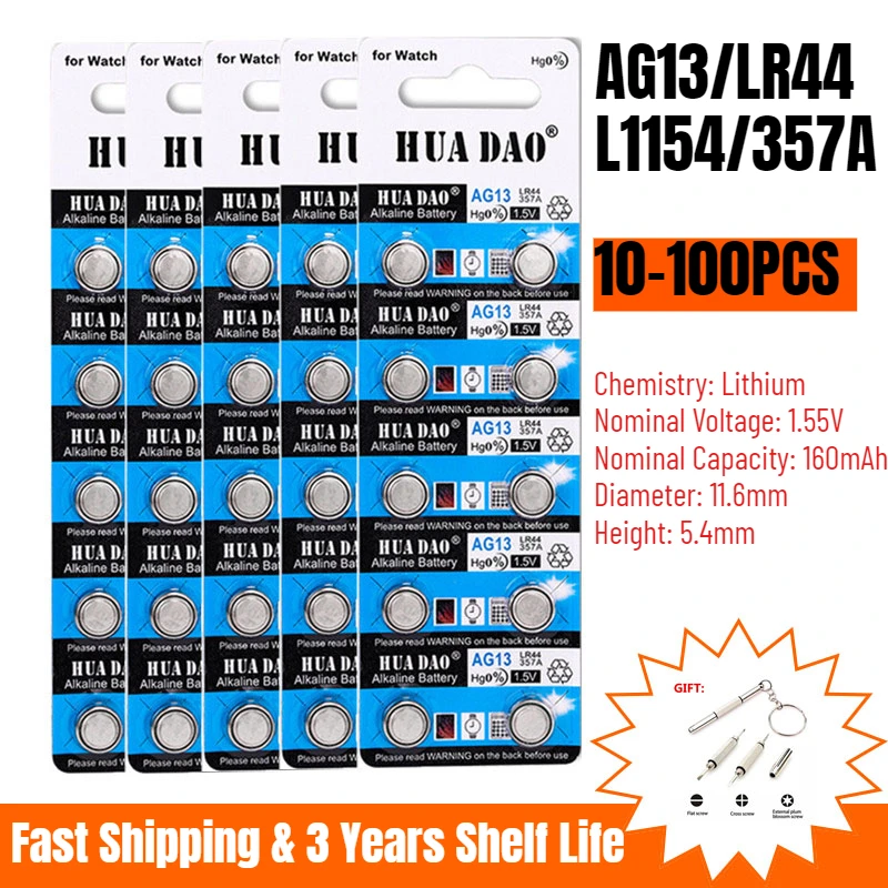 10-100PCS AG13 LR44 Button Cell A76 357 357A LR1154 SR1154 SR44 Button Battery For Watch Car Key Remote Control Electric Toy