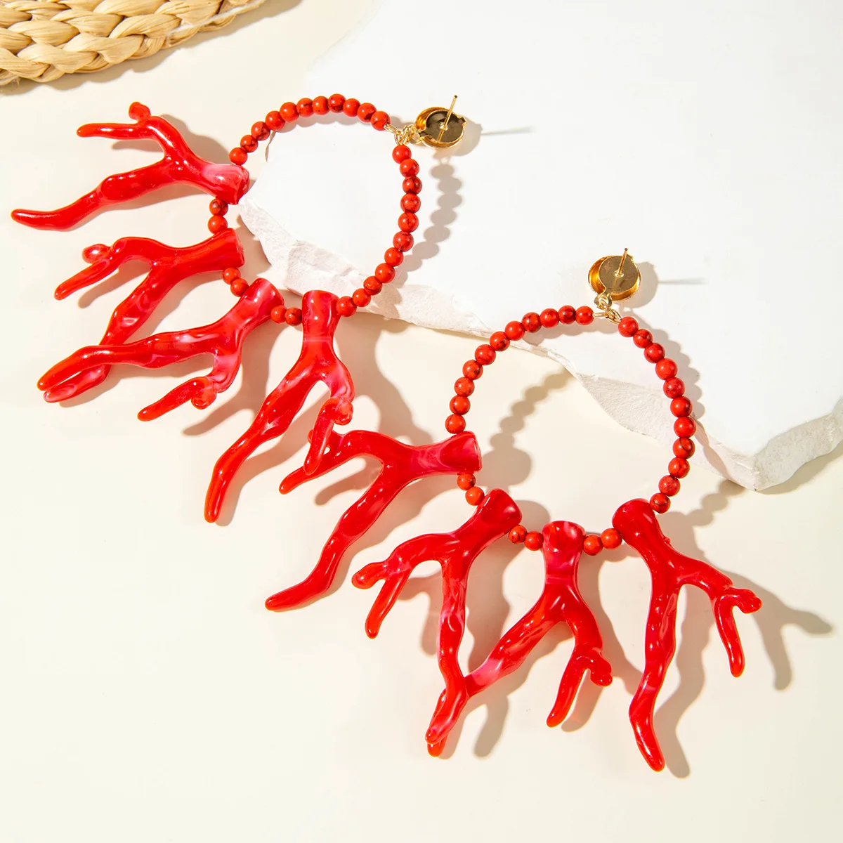 Modische rote Korallen-Ohrringe für Damen, elegante Imitationsperlen, Seestern-Ohrringe, Bohemia, Sommer, Strand, Schmuckzubehör – Detail 10