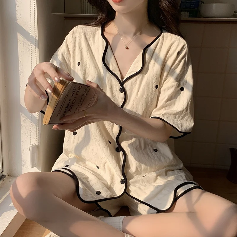 Korean Version Women's Summer Sleepwear Sweet Anti-Bulge Short-Sleeved Cardigan Chest Cushion Home Suit Comfortable Nightgown