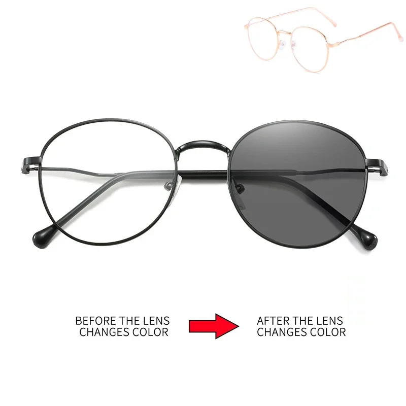 Photochromic Anti Blue Light Glasses Elliptical Metal Frame Plain Spectacles Can Prevent Ultraviolet Rays  Accessories