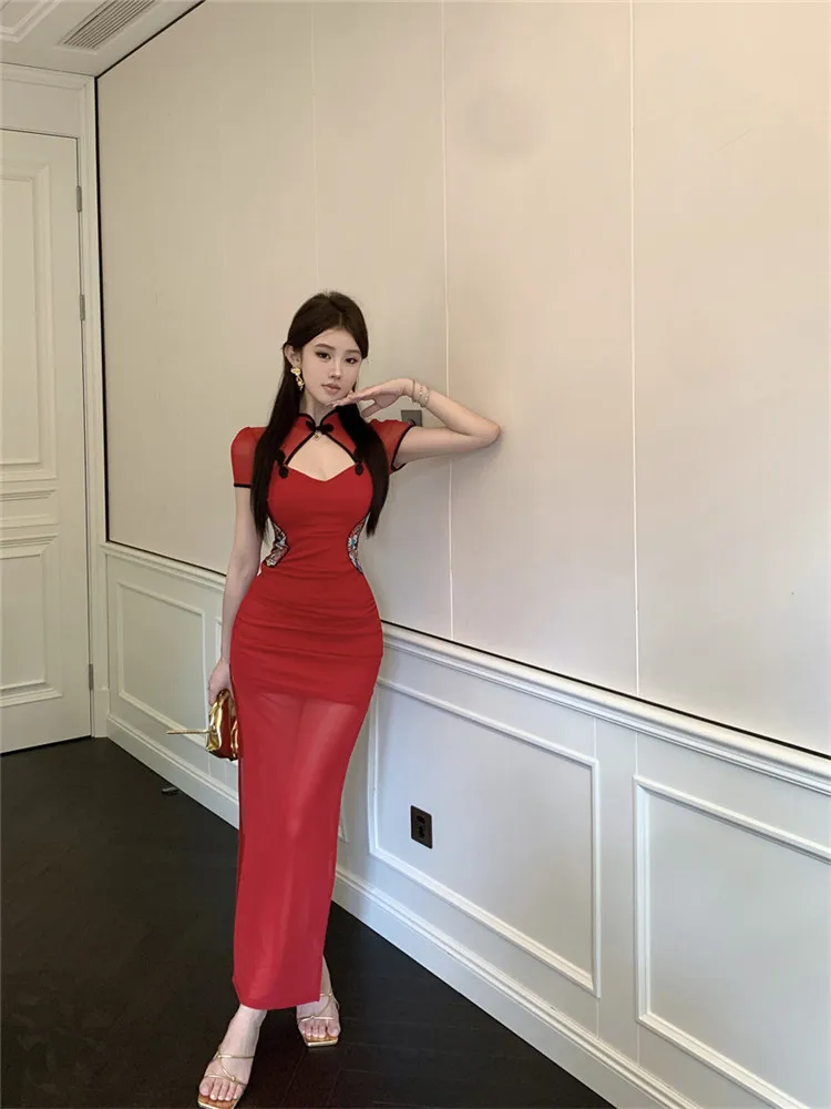 New Chinese Style Sheer Mesh Patchwork Black Red Cheongsam Dress High Split Short Sleeve Stand Collar Elegant Pencil Qipao Dress
