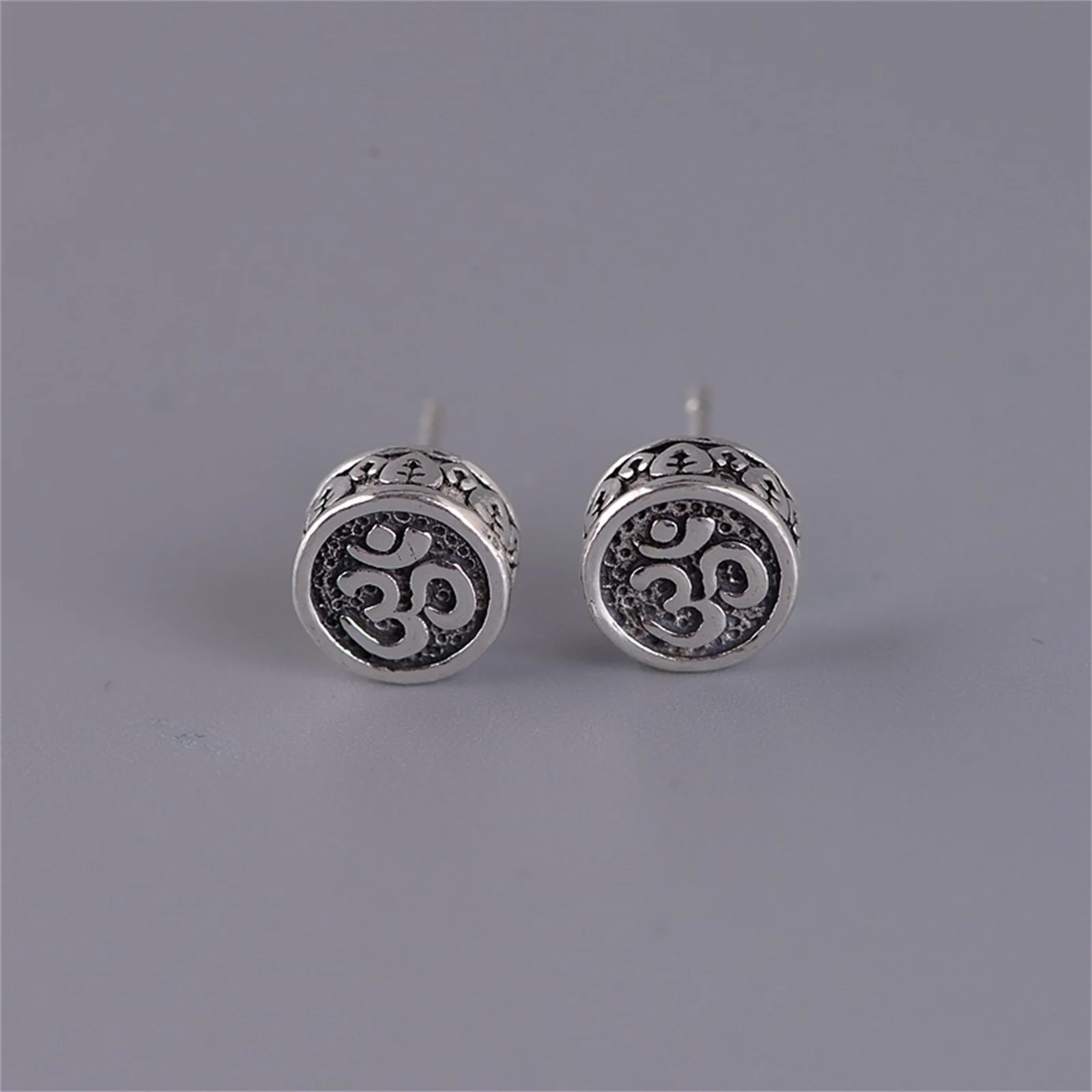 Sterling Silver 925 Om Aum Symbol Small Stud Earrings for Men Women Yoga Meditation Jewelry