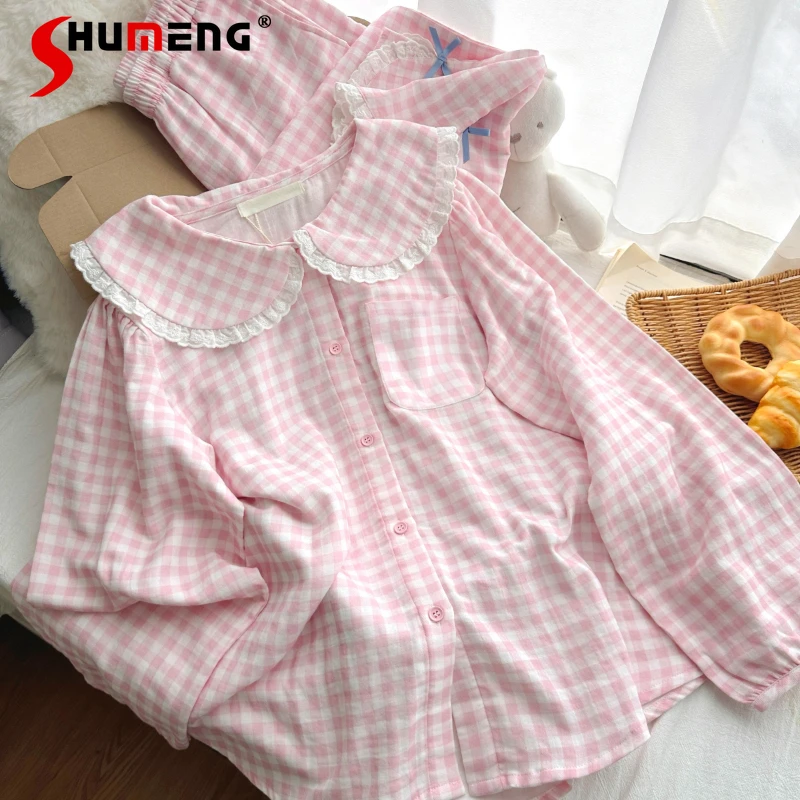 

Cute Doll Collar Pink Plaid Cotton Pajamas Girls Spring Autumn 100 Cotton Home Clothes Set Women's Japanese Style Loungewear