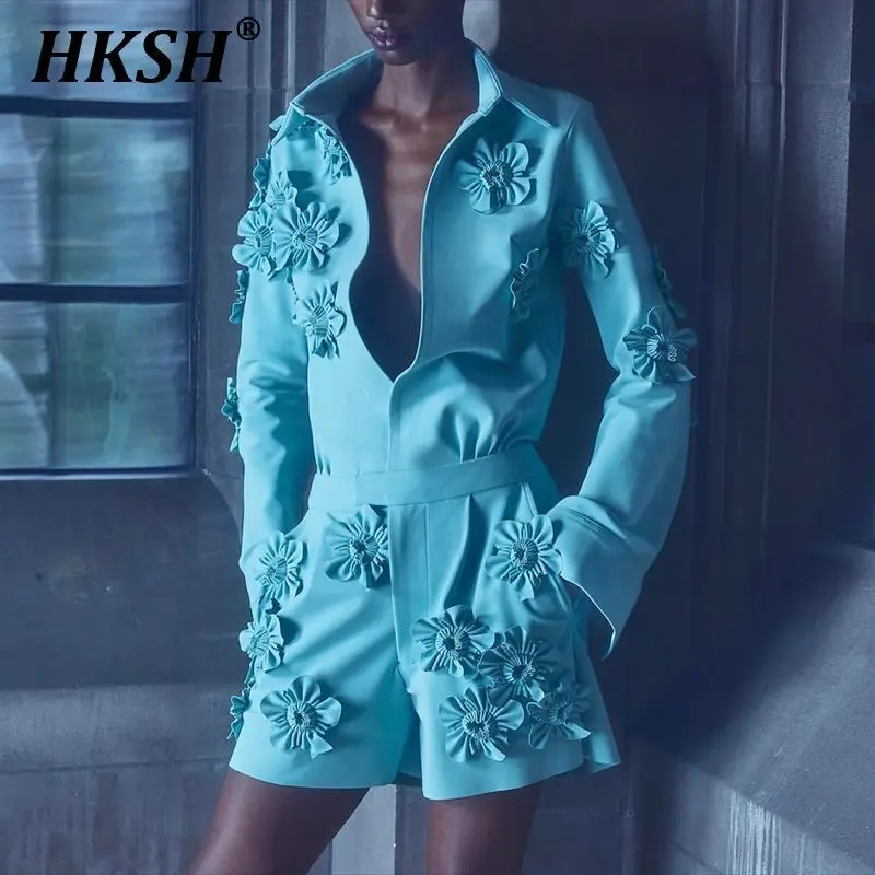 HKSH 2025 Spring New Women Fashion Three Dimensional Flower Design Safari Style Waist Slim Jumpsuit Shorts Chic Palysuits HK4314