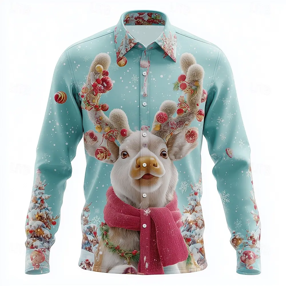 2026 Christmas Theme Men's Snowflake Christmas Animal Printed Shirt Button Up Shirt Casual Long Sleeve Shirt Street Blouse