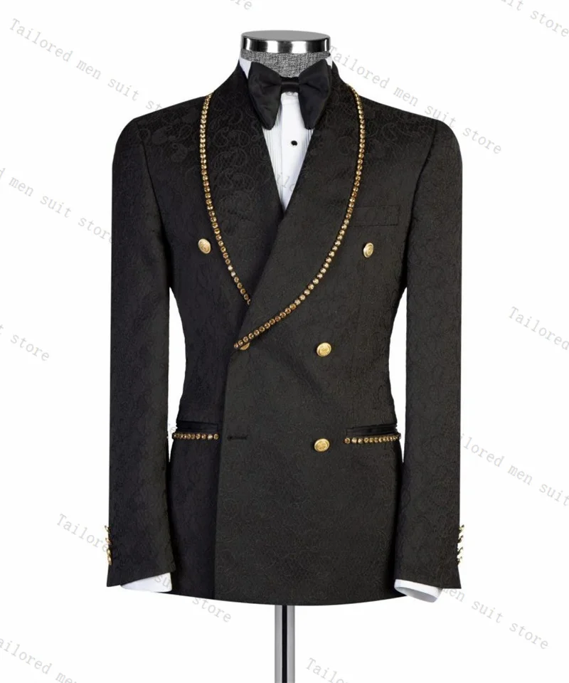 

Black Formal Men Suits Set 2 Pieces Blazer+Pants Trousers Golden Crystals Wedding Tuxedos Jacket Business Office Groom Coat