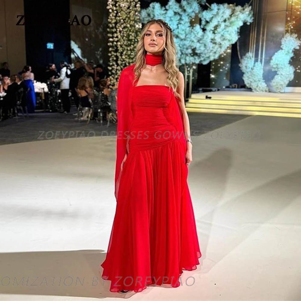 

Modern Red Chiffon High Neck Party Gown A Line Chiffon Formal Party Dresses Long Custom One Sleeves Evening Prom Dress Gowns