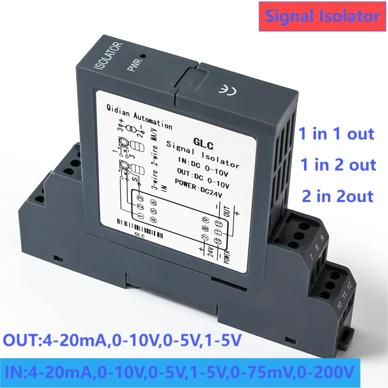 DC Signal Isolator 4-20mA 0-20mA 0-10V 0-5V 0-75mV 0-50V 0-100V 0-200V DC24V Voltage Current Signal Converter 1 in 1 out 1 in 2