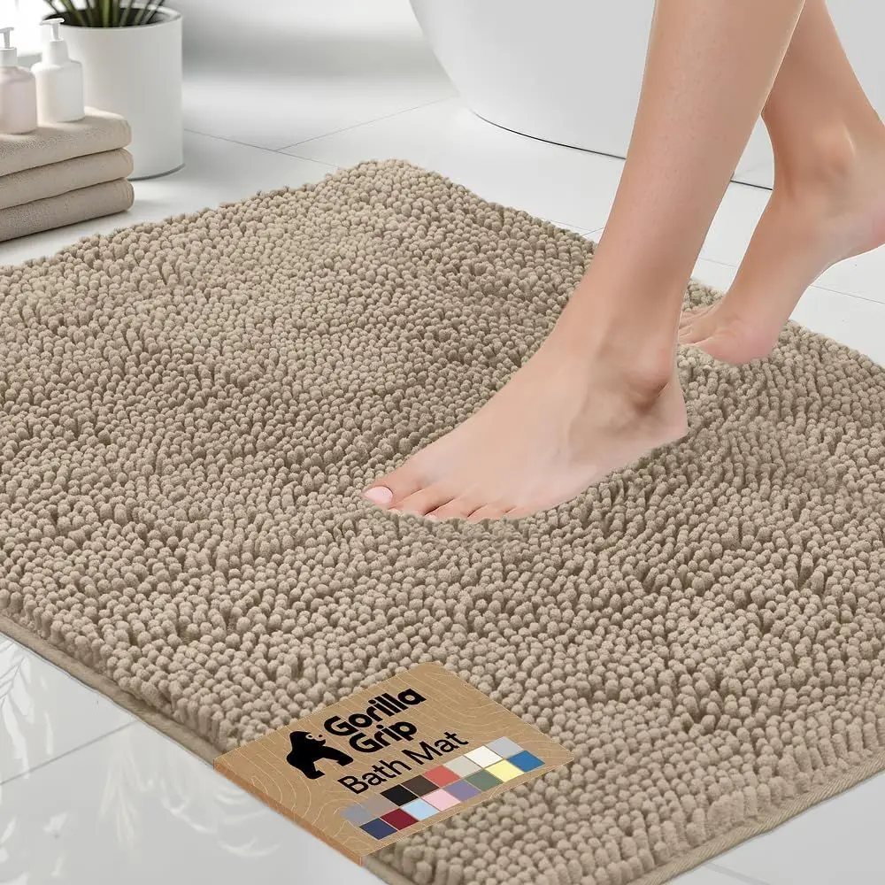 

Thick Chenille Bath Mat 48x24, Quick-Dry Microfiber, Rubber-Backed Shower Floor Rugs, Washable Bath Runner, Gray Beige Bathroom