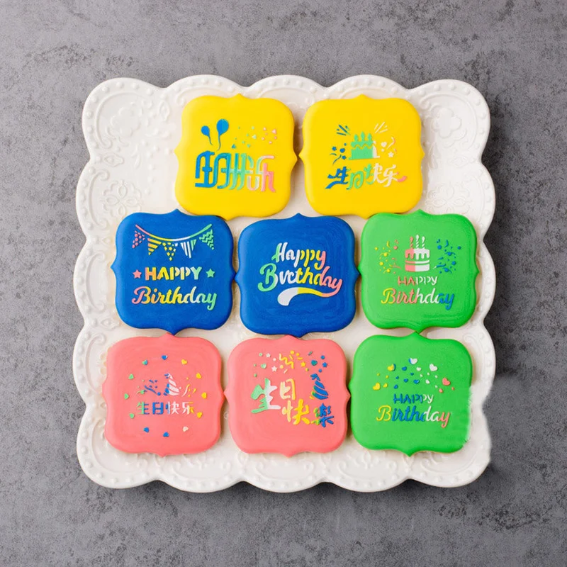 Fondant Cookie Spray Stencil Happy Birthday Cookie Embosser Template Baby Shower Party Frosting Dessert Hollow Decorating Tools