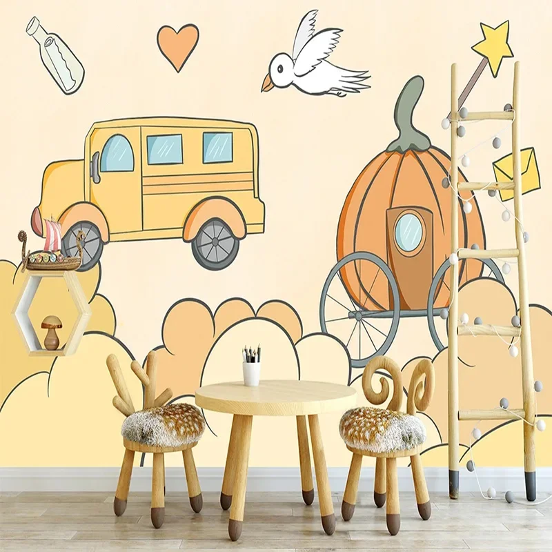 Papel tapiz Mural 3D personalizado estilo nórdico Ins fresco patrón De coche De calabaza De dibujos animados para fondo De habitación De niños foto Papel De pared