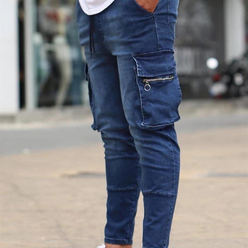 

Skinny Denim Pant Men Jeans Sheath Trousers Cargo Pants Y2k Streetwear Work Casual Vintage Washed High Waist Pockets Splice 2026