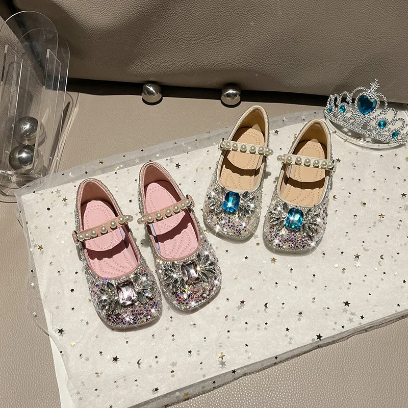Bling Girls Shoes Mary Janes Anti-Slip Fashion Crystal Sequins Joyous Ceremony Party Shoes School Dress Shoe