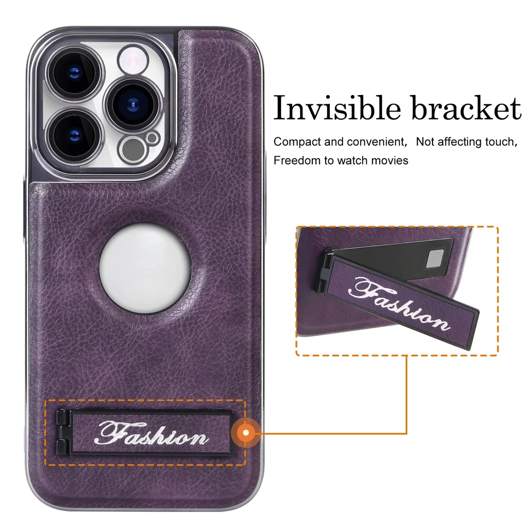 Invisible Bracket Leather Case for iPhone 15 Pro Max 14 Pro 13 12 Camera Lens Protective Electroplated Bumper Flip Stand Cover