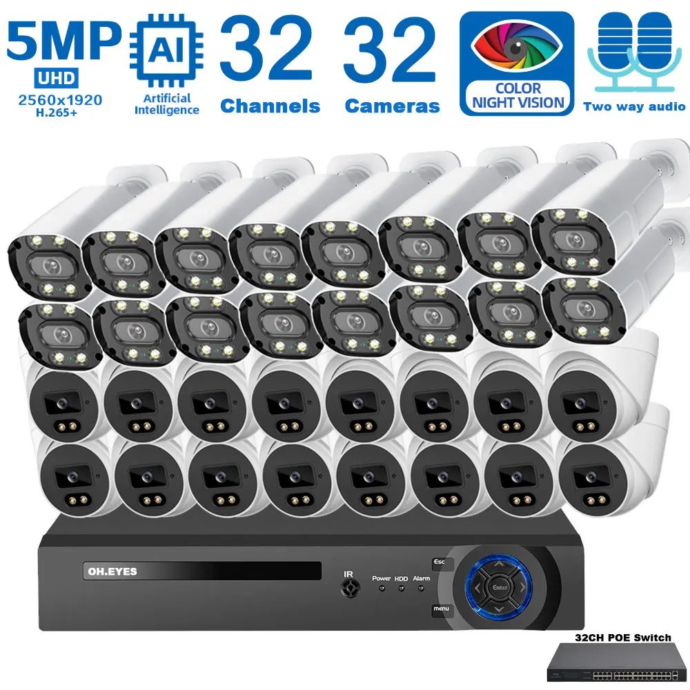 5MP 32CH CCTV Camera Security System Kit Full Color Night Vision POE IP Camera Video Surveillance System 2 Way Audio POE NVR Kit