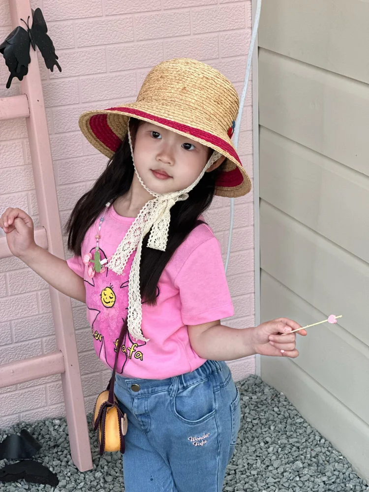 sweet-cute-cherry-tie-dye-straw-hat-beach-sun-protection-girls-children's-hat-ins-style-korean-version-wide-brim-fisherman-hat