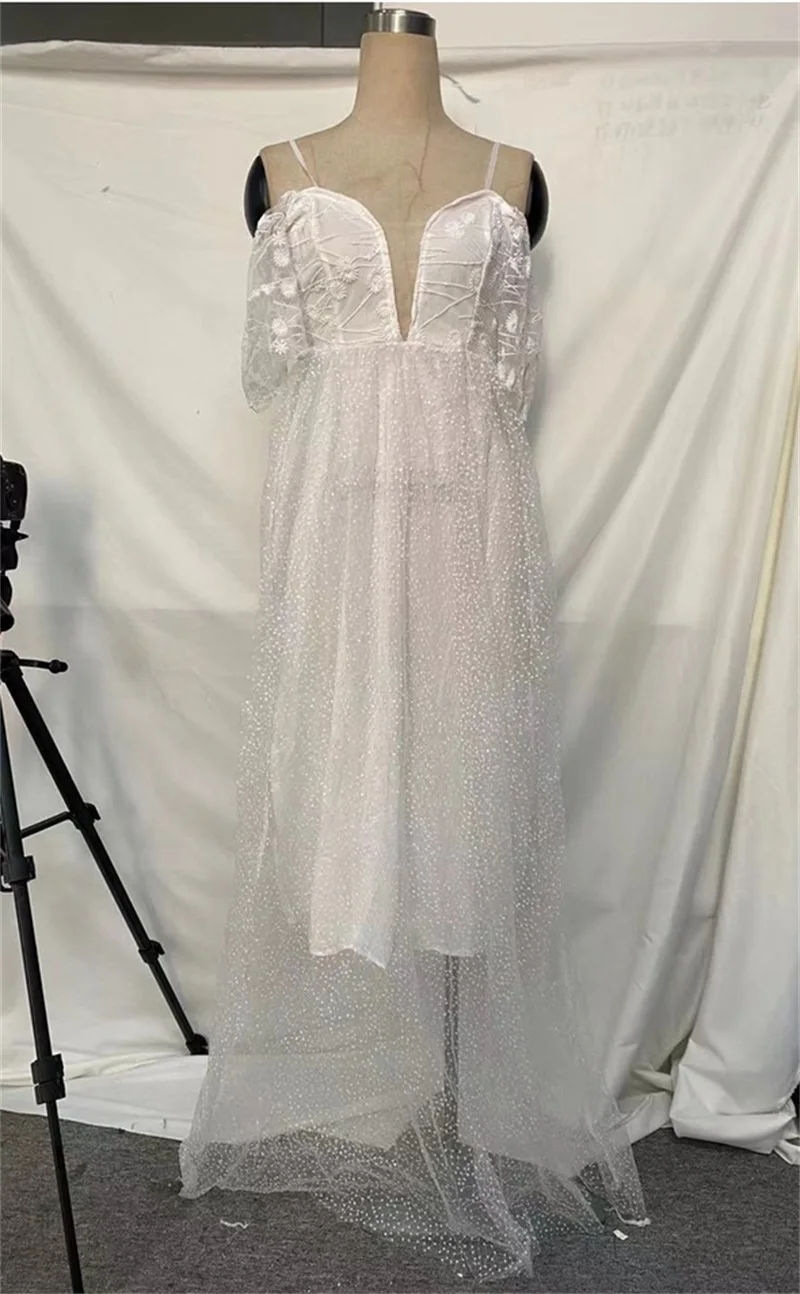 Кружевное женское свадебное платье с открытыми плечами, бальное платье на бретелях-спагетти с глубоким V-образным вырезом и открытой спиной, свадебное платье с рукавами-фонариками, Новинка