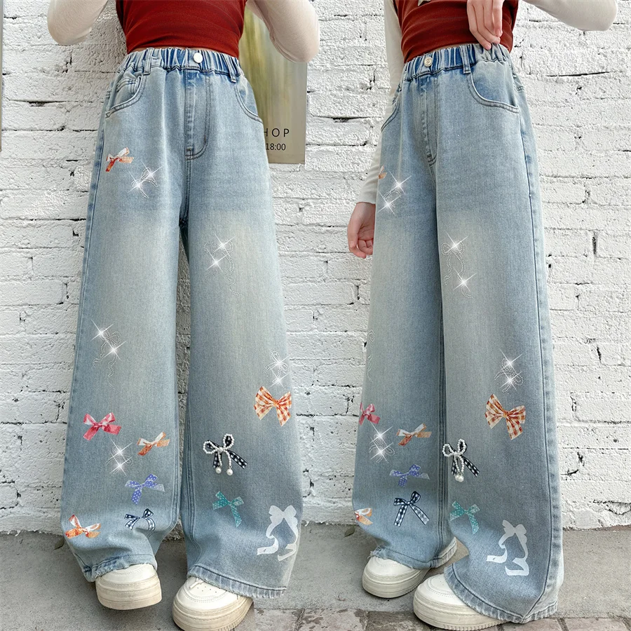 

Fashion Children Loose Fit Jeans with Bows Printed for Teenage Girls Elegant Denim Pants Kids Bowknot Trousers 5 7 9 10 11 12 14
