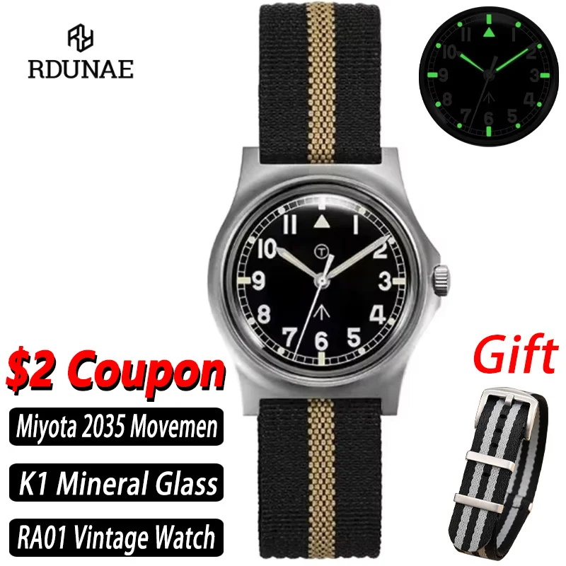 

RDUNAE RA01 Vintage Quartz Watch Miyota 2035 Movement 316L Stainless Steel K1 Hardlex Super Luminous Waterproof Retro Watches