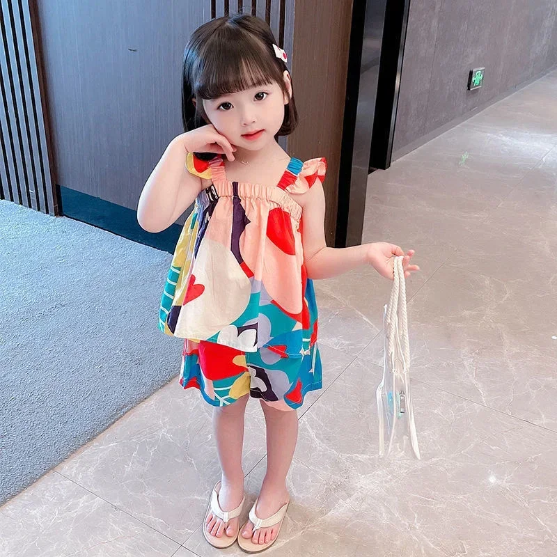 Summer Baby Girls Clothing Sets Suspender Top Color Matching Floral Vest + Children\'S Casual Pants Little Kids Clothes Suit