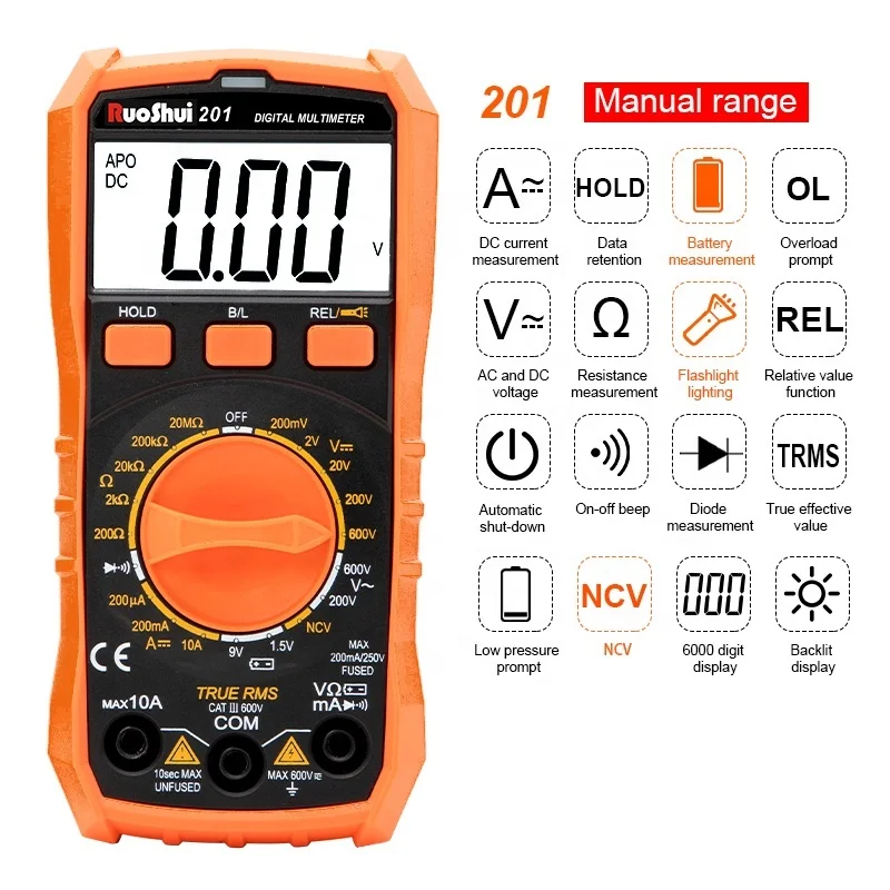 

RuoShui 201 Digital Multimeter Manual DMM Tester With NCV LIVE Function Resistance meter Battery test meter with backlight