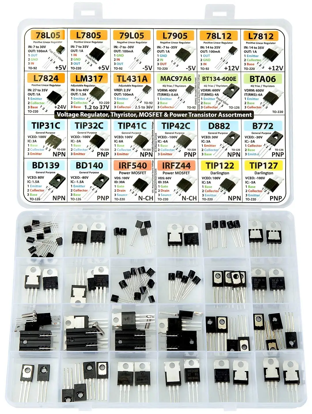 Power Transistor, Mosfet, Thyristor and Voltage Regulator Assortment Kit, 82 pcs, 24 Types