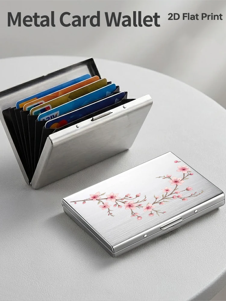 

Pink peach blossom branch pattern RFID anti-theft unisex metal card holder, side opening design, ultra-thin frosted card clip du