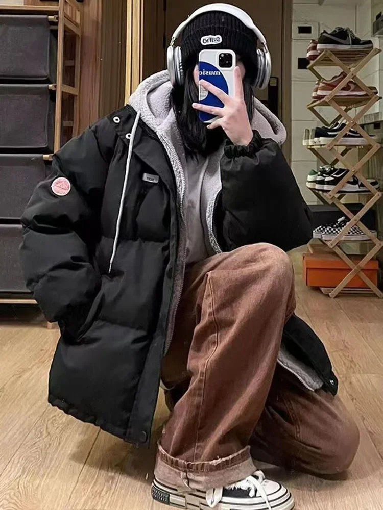 Feminino falso dois itens com capuz engrossar parkas inverno quente zíper solto para baixo algodão abrigos topos casual coreano manga longa casacos novo