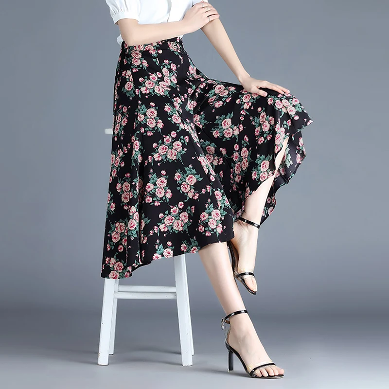 

Широкие брюки-юбка с высокой талией и цветочным принтом, тонкие, свободные, шифоновые, летние повседневные брюки для женщин