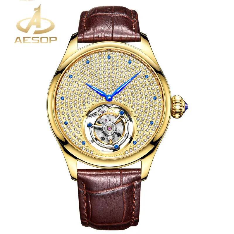 Aesop Real Tourbillon Mechanical WristWatch Sapphire Crystal Luxury Brand Diamond Watch Mens Skeleton Movement Relogio Masculino