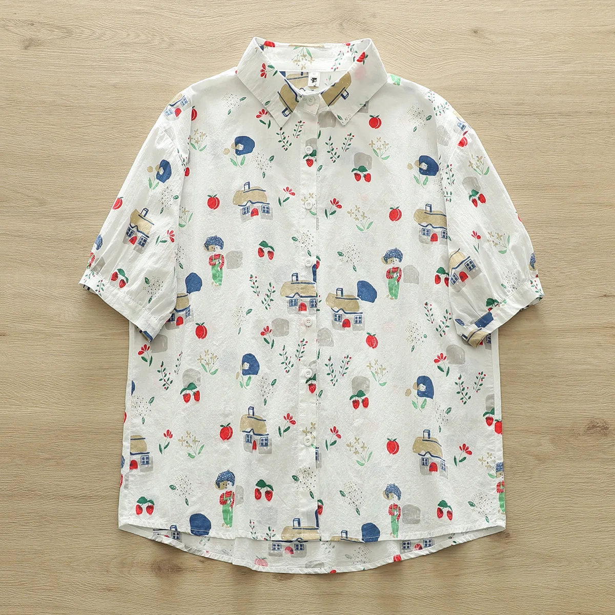 New Spring Cotton Shirt Women Short Sleeve Cartoon Printed Tops Girl Simple Fashion Casual Blouses 2024 Summer T45303QM