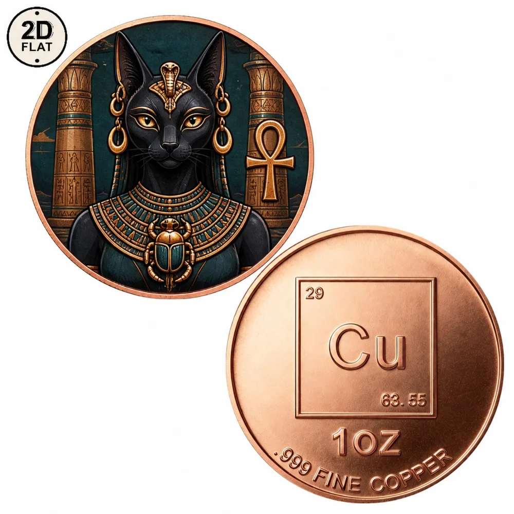 1pc Egyptian Bastet Cat Goddess 1oz Fine Copper Challenge Coin Ankh Scarab Hieroglyph Commemorative Medal Gifts for Collection