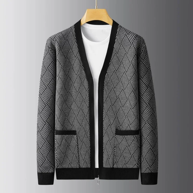 

Personality diamond grid jacquard knitted cardigan new Korean style fashion pocket casual luxury zipper V-neck men sweater coat