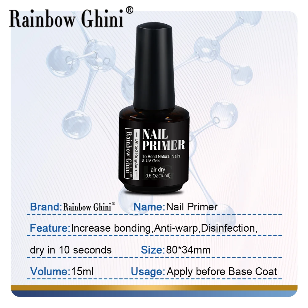 قوس قزح غيني 15 مللي المهنية مسمار الإعداد مسمار التمهيدي إزالة الشحوم قاعدة معطف معطف فوقي قاعدة معطف تصميم فيرنيس للأظافر المجففة