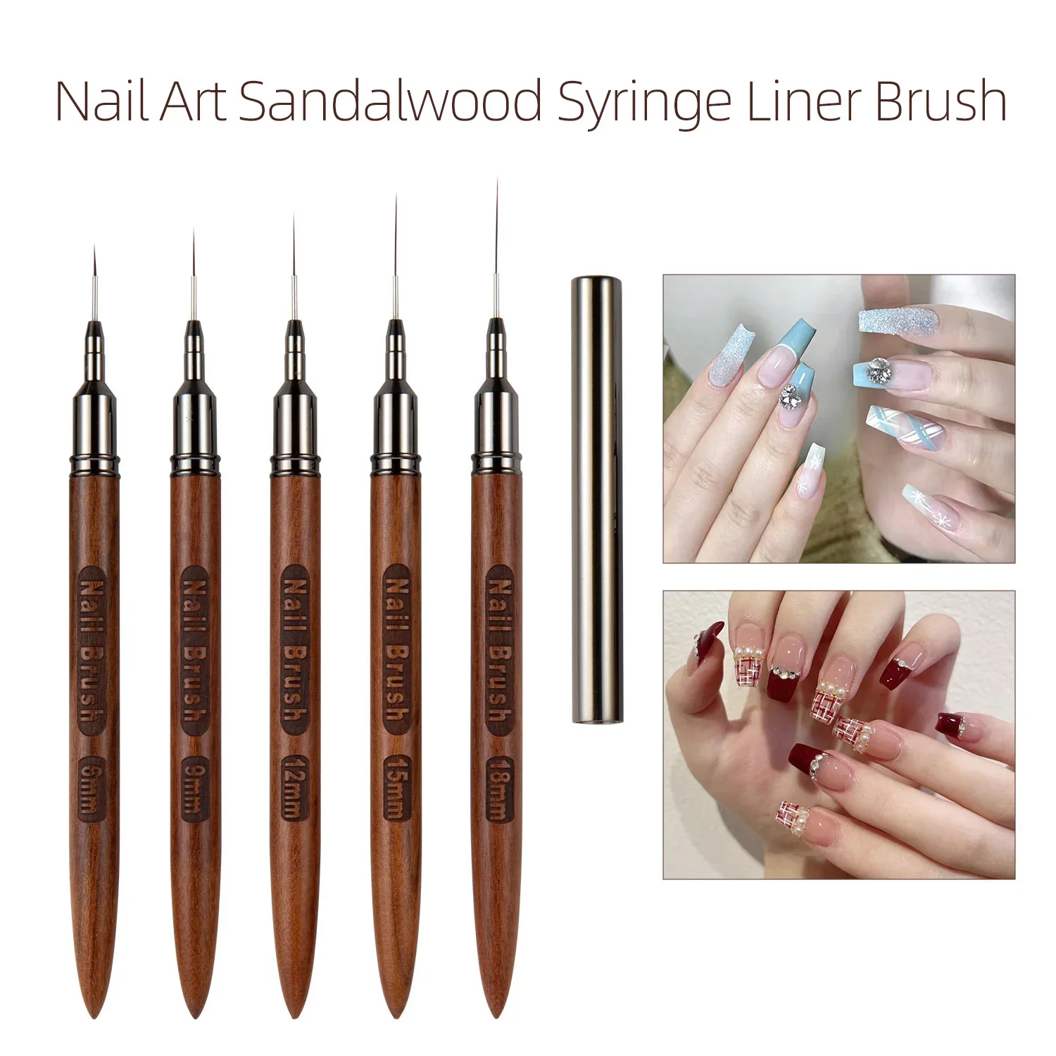 Round Wood Handle Nail Art Liner Brush DIY Painting Pen Sandalwood Syringe Brushes Drawing Fine Lines Stripe Pen UV Gel