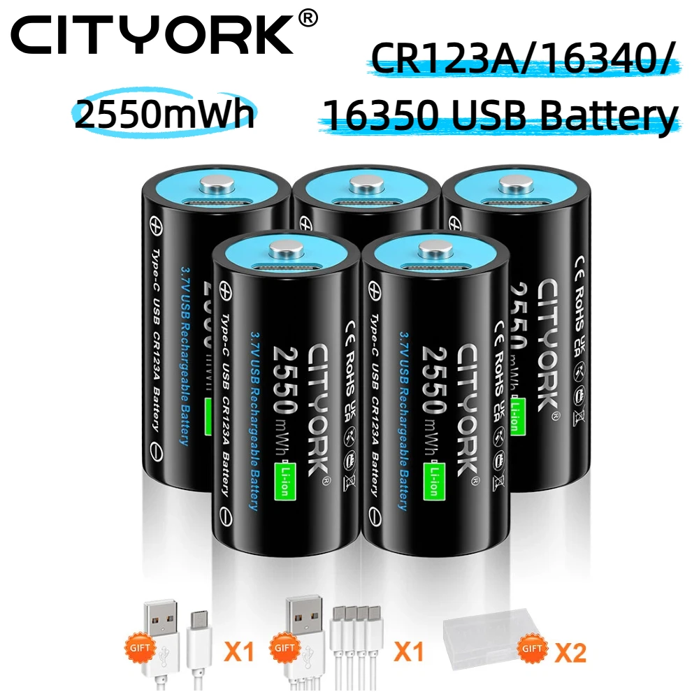 CITYORK CR123A 16340 Rechargeable Battery 3.7V 2550mWh 16350 Li-ion TYPE-C USB Rechargeable battery For Flashlight CR123 CR17345