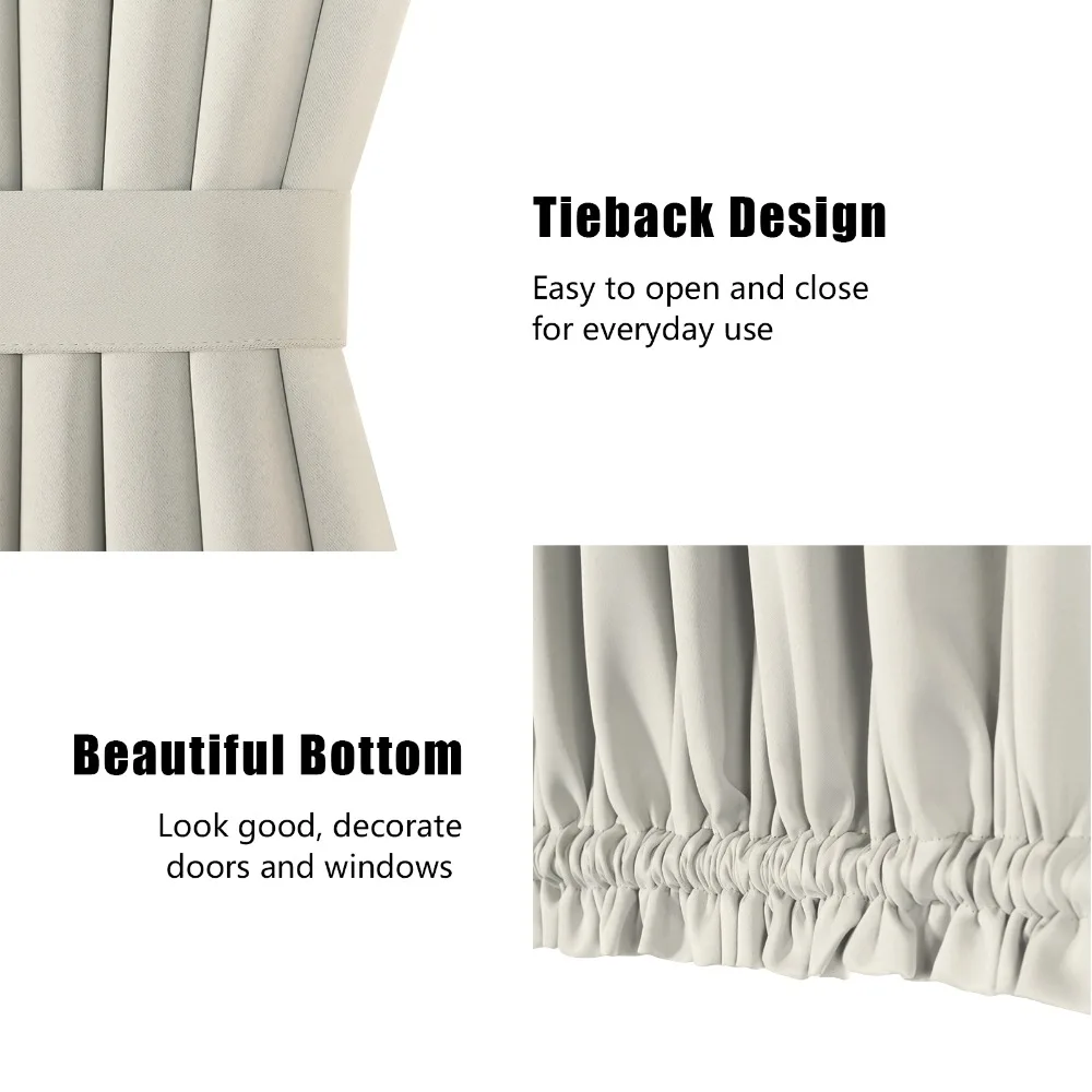 2 PCS White Curtain Rod Pocket Tie back French Door Curtain Thermal Insulated Sun Blocking Thermal Drapery for Privacy
